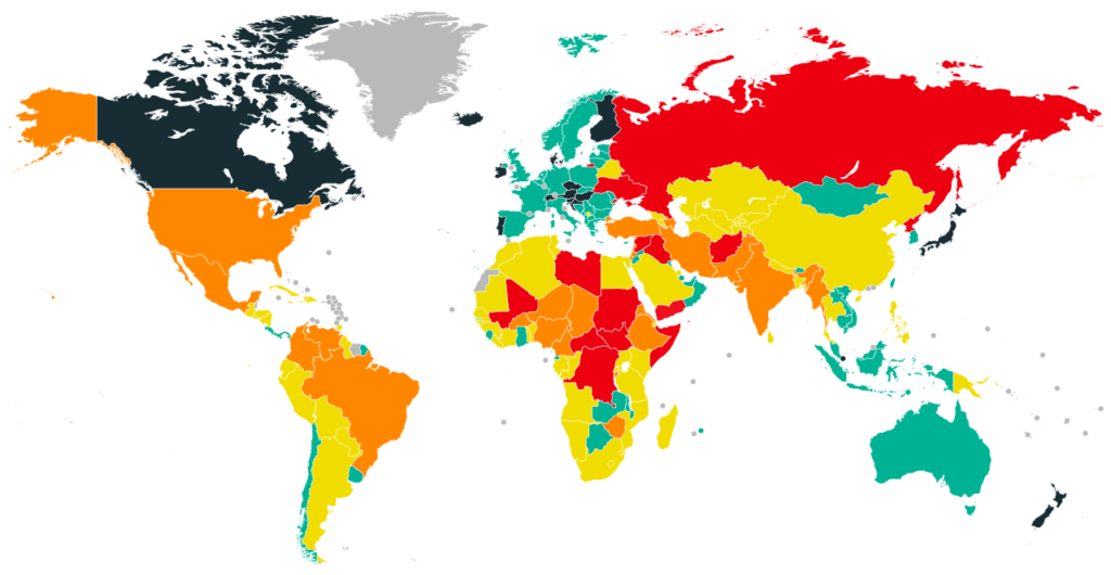 Map of the Global Peace Index categories in the world as of 16th june' 2022